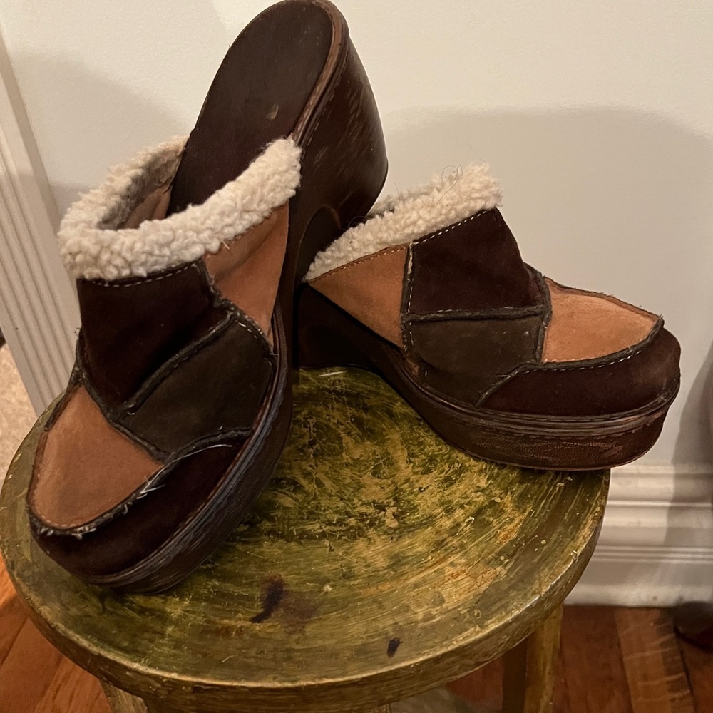 Brown and Tan Mules with Shearling Trim